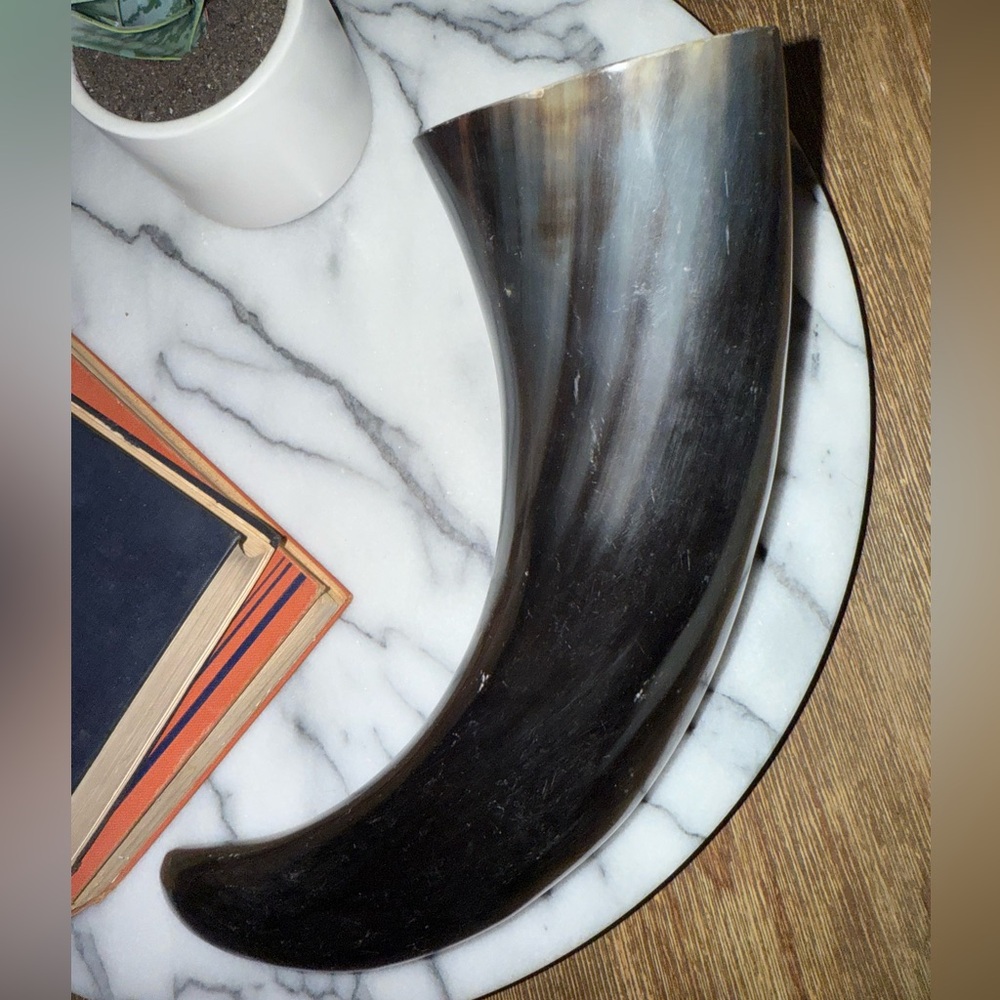 SOLD! VINTAGE HORN BLACK AND WHITE DRINKING VIKING HORN / DECOR WESTERN - Picture 1 of 3